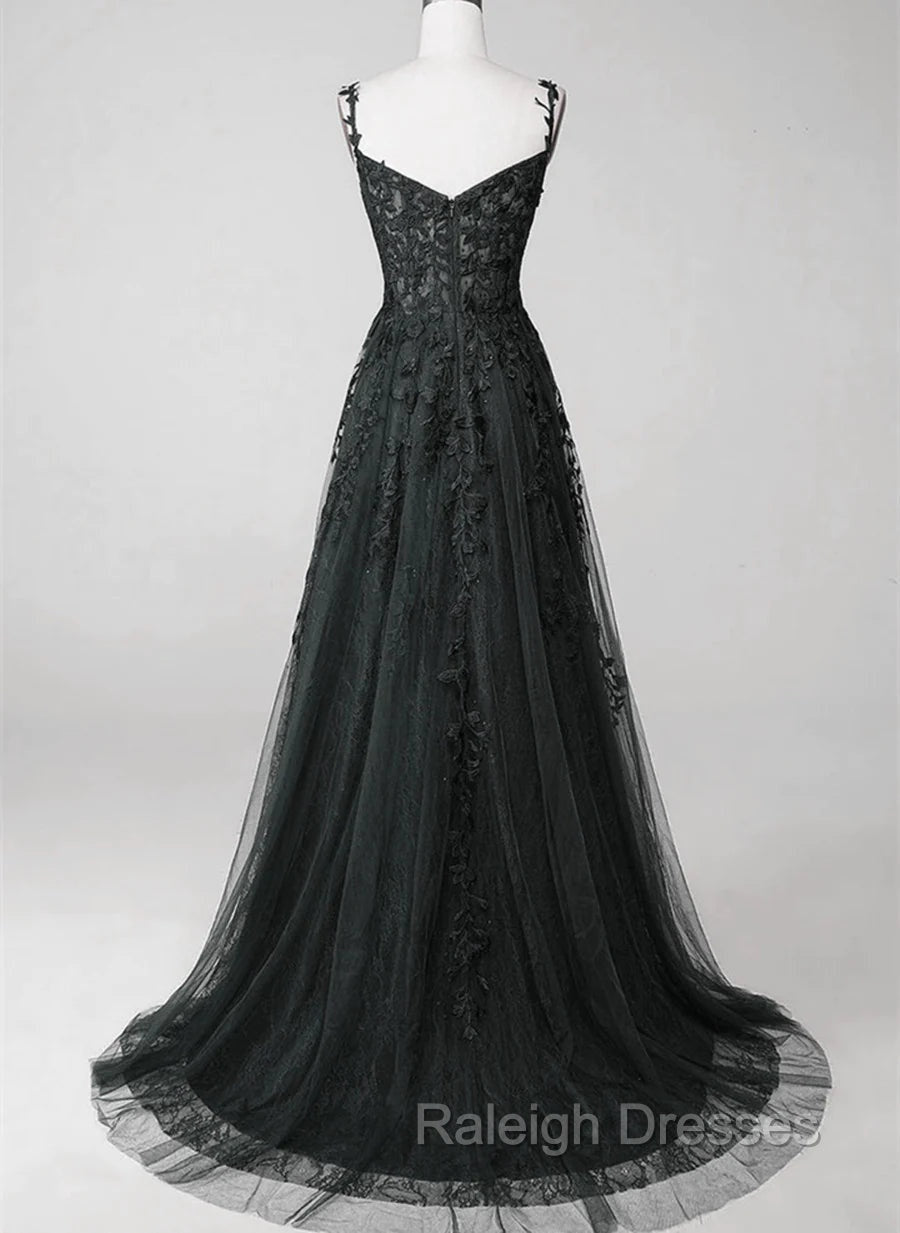 Black Lace Straps Beaded A-line Prom Dress Party Dress, Black Floor Length Formal Dress