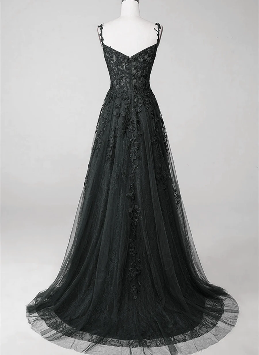 Black Lace Straps Beaded A-Line Prom Dresses Prom Dresses Black Floor Length Prom Dresses