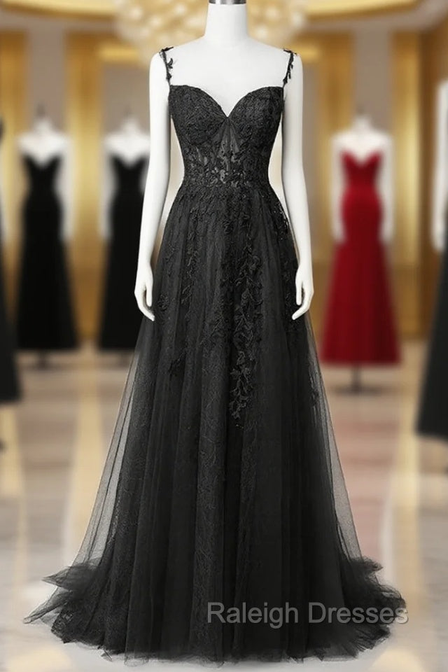 Black Lace Straps Beaded A Line Prom Dress, Black Floor Length Formal Dress