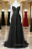 Black Lace Straps Beaded A Line Prom Dress, Black Floor Length Formal Dress