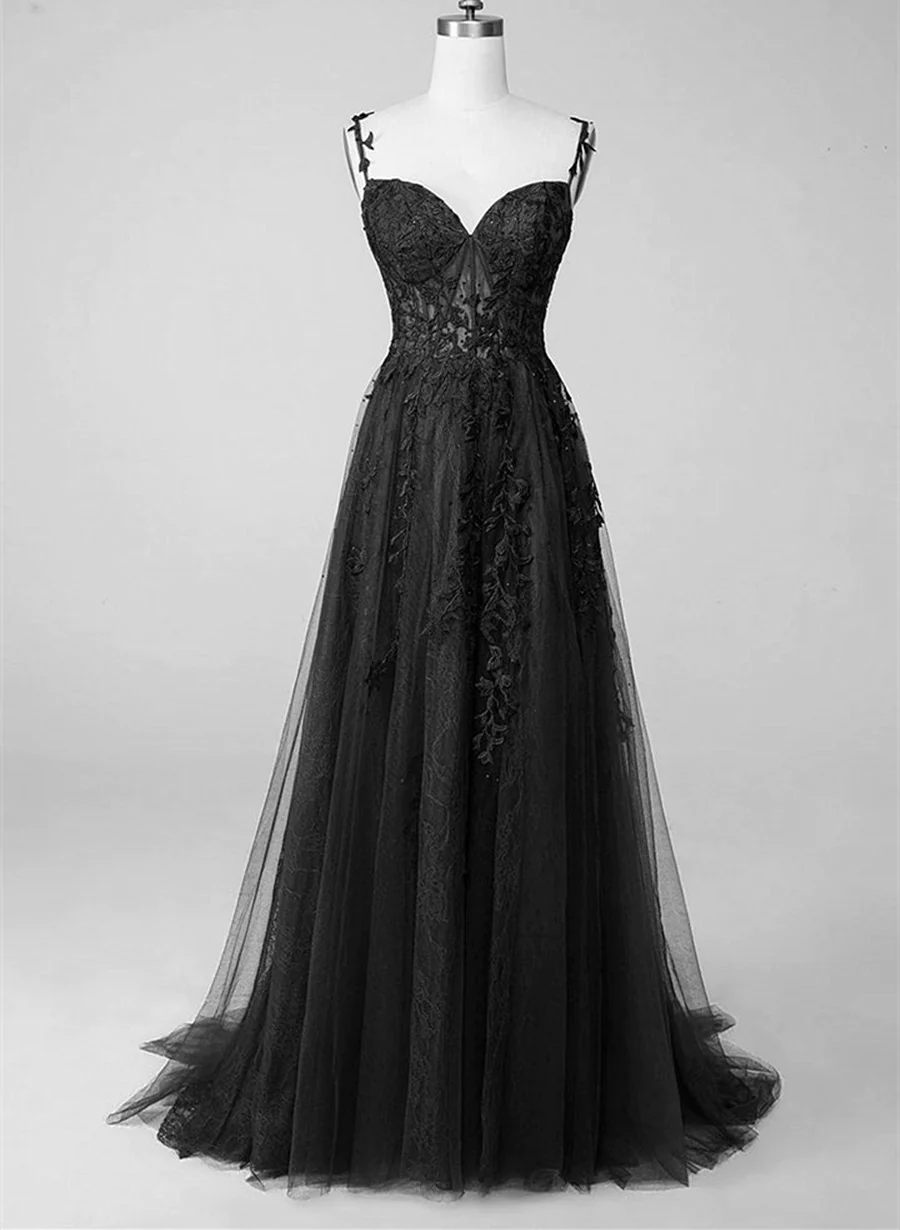Black Lace Straps Beaded A-Line Prom Dresses Prom Dresses Black Floor Length Prom Dresses
