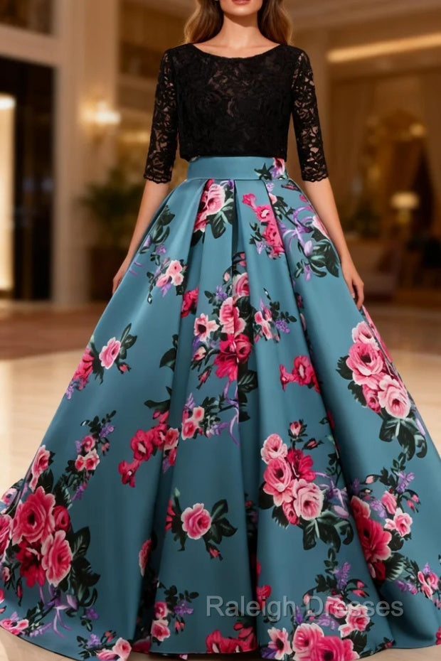 Black Lace Three Quarters Sleeve Print Backless Party Dresses Main image