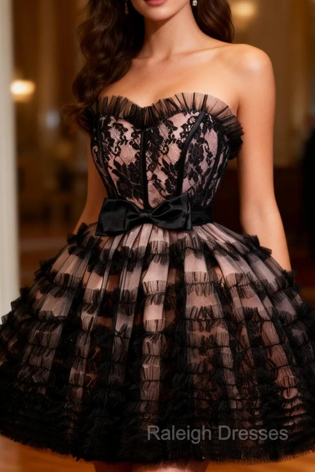 Black Lace Tulle Backless Homecoming Dress Main image