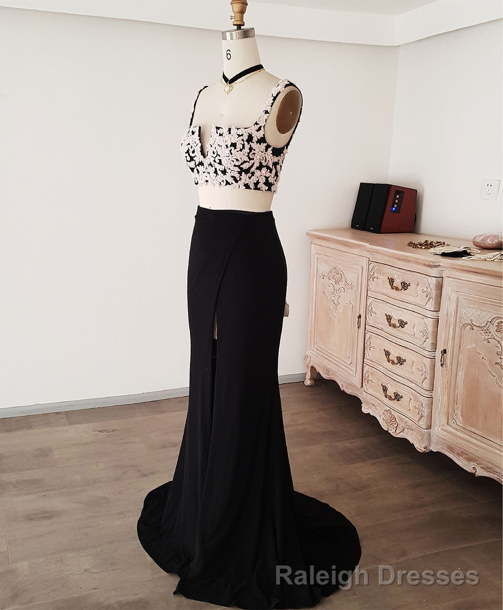 Black Lace Two Pieces Long Prom Dress, Black Evening Dress with Lace Beading