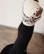 Black Lace Two Pieces Long Prom Dress, Black Prom Dress with Lace Beading