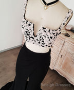 Black Lace Two Pieces Long Prom Dress, Black Prom Dress with Lace Beading