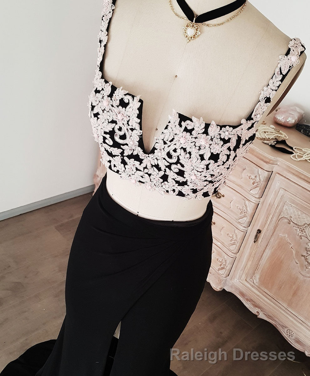 Black Lace Two Pieces Long Prom Dress, Black Prom Dress with Lace Beading
