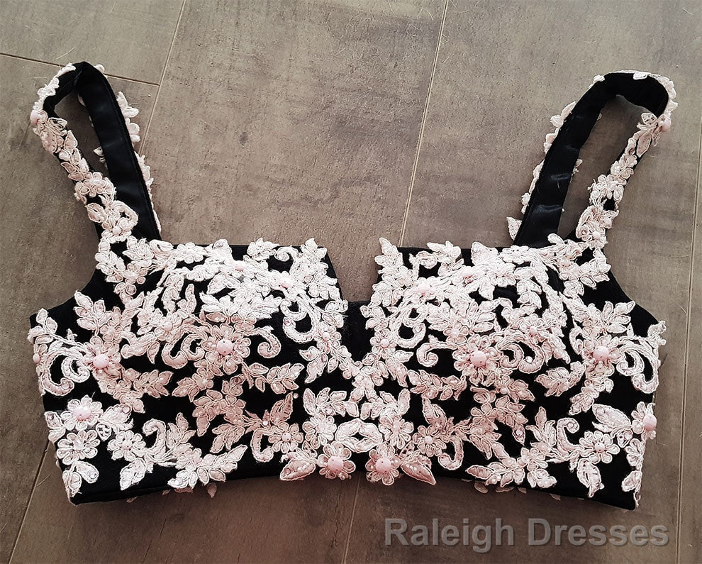 Black Lace Two Pieces Long Prom Dress, Black Evening Dress with Lace Beading