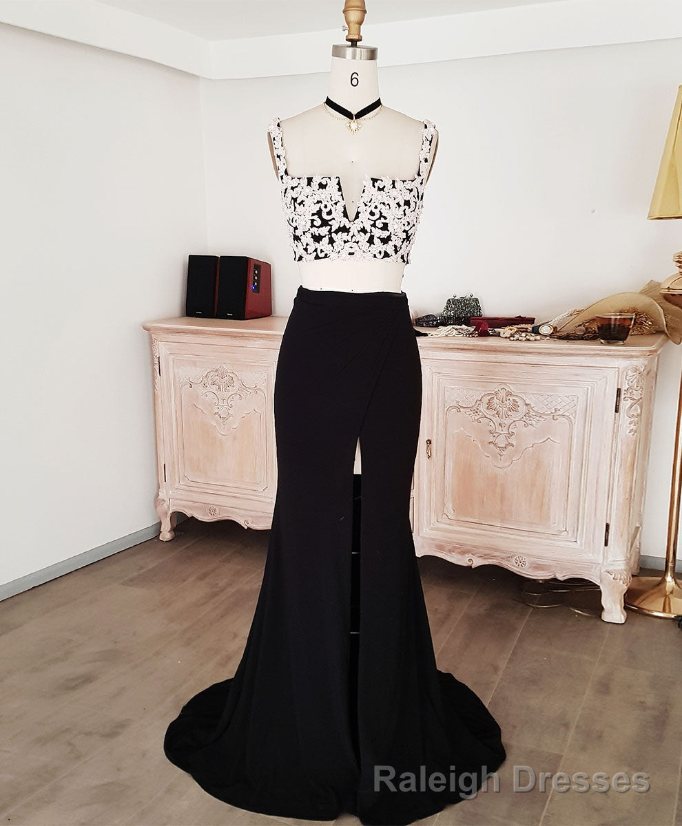 Black Lace Two Pieces Long Prom Dress, Black Evening Dress with Lace Beading Secondary image