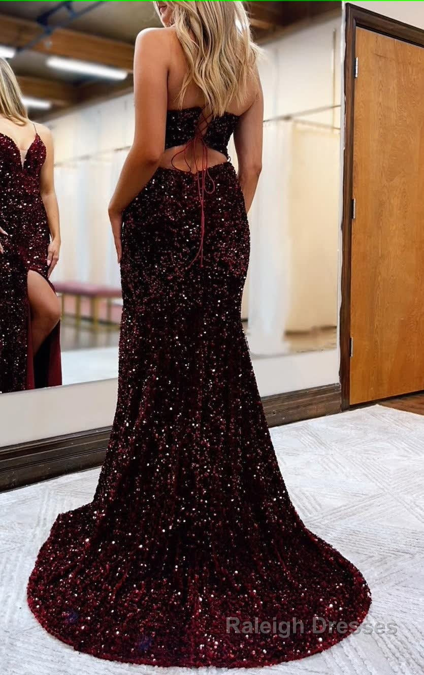 Black Lace-Up Back Sequis Mermaid Prom Dress with Slit Formal Prom Dresses Secondary image