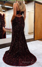 Black Lace-Up Back Sequis Mermaid Prom Dress with Slit Formal Prom Dresses