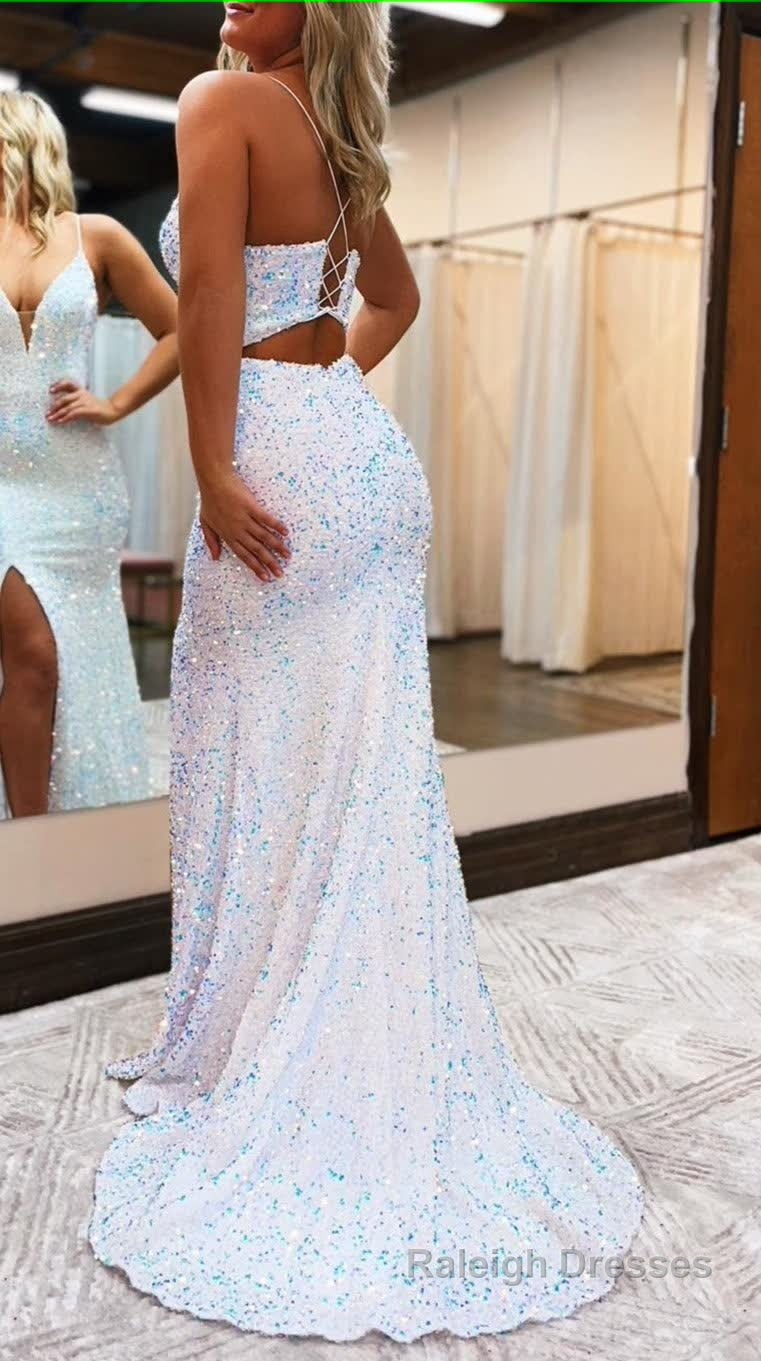 Black Lace-Up Back Sequis Mermaid Prom Dress with Slit Formal Prom Dresses