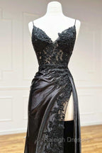 Black Lace V-Neck Long Prom Dress with Slit Birthday Outfits