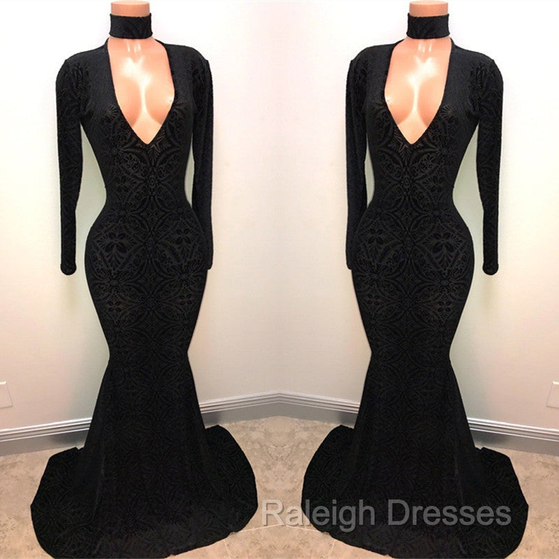 Black Lace V-Neck Prom Party Gowns| Mermaid Long-Sleeve Evening Gowns