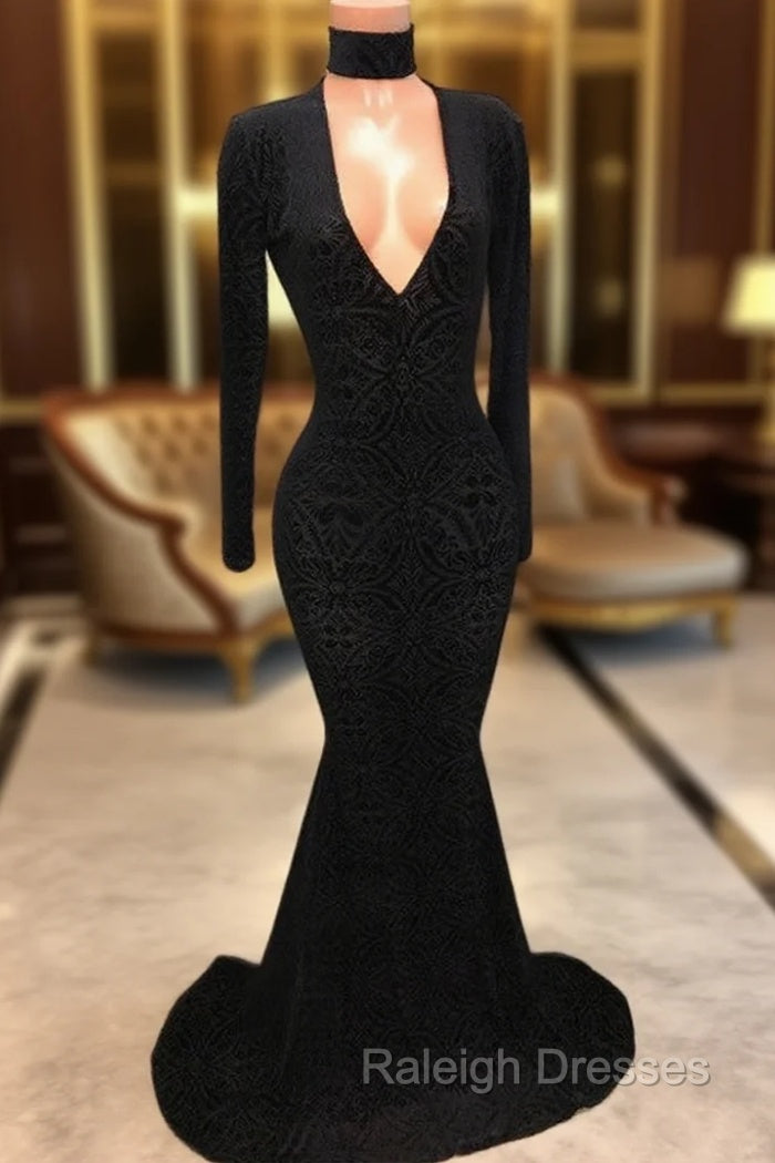 Black Lace V-Neck Prom Party Gowns| Mermaid Long-Sleeve Evening Gowns Main image