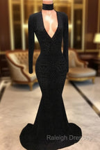 Black Lace V Neck Prom Gowns| Mermaid Long-Sleeve Prom Gowns
