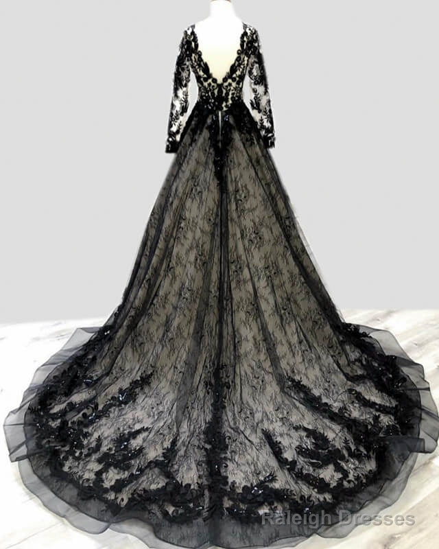 Black Lace V Neck Wedding Dresses Long Sleeve Secondary image