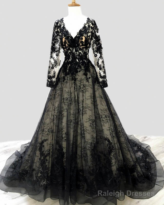 Black Lace V Neck Wedding Dresses Long Sleeve Main image