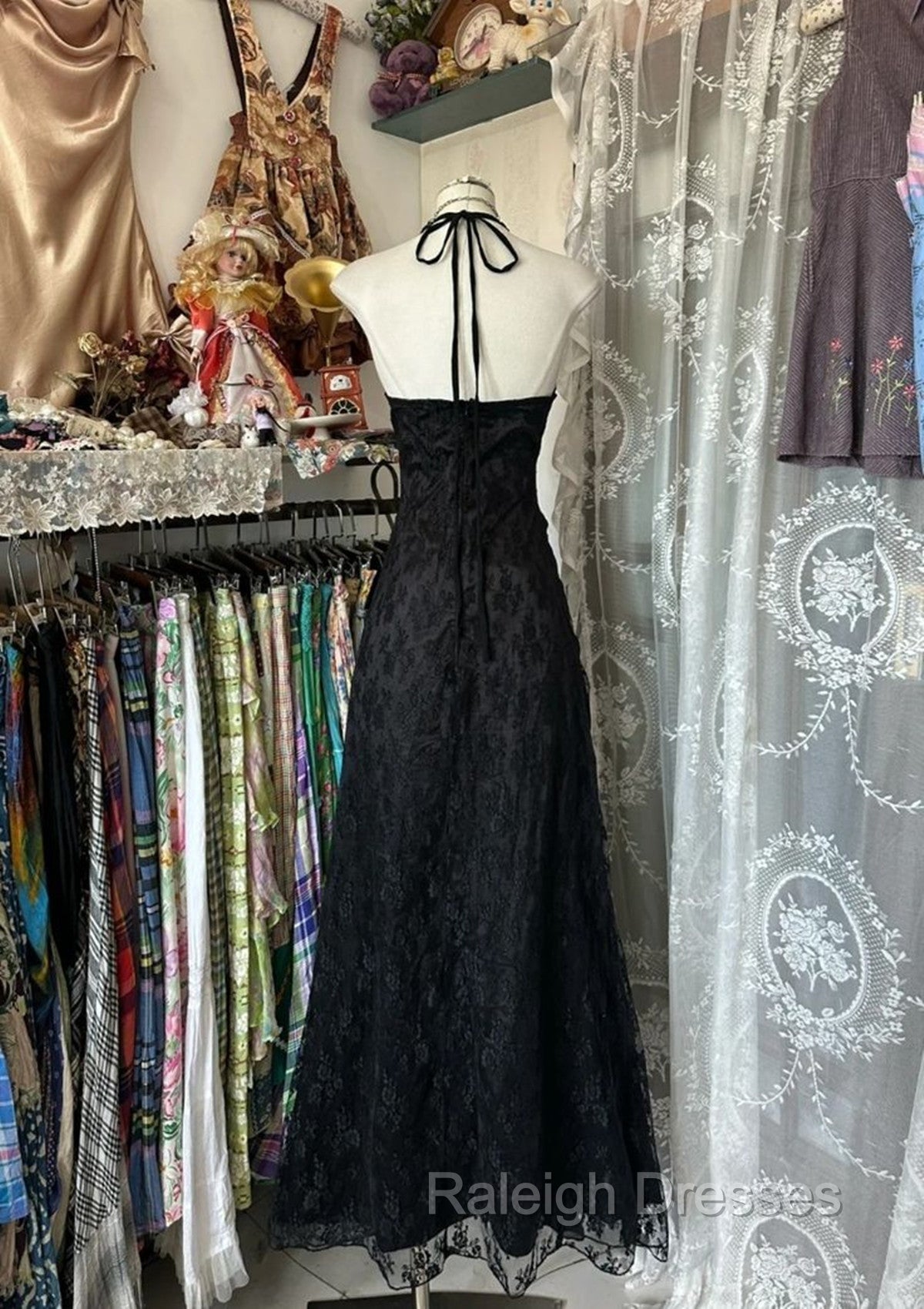 Black Lace V-Neckline A-Line Halter Party Dress, Black Vintage Style Prom Dress Secondary image