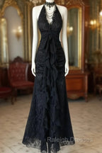 Black Lace V-Neckline A-Line Halter Party Dress, Black Vintage Style Prom Dress