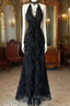 Black Lace V-Neckline A-Line Halter Party Dress, Black Vintage Style Prom Dress