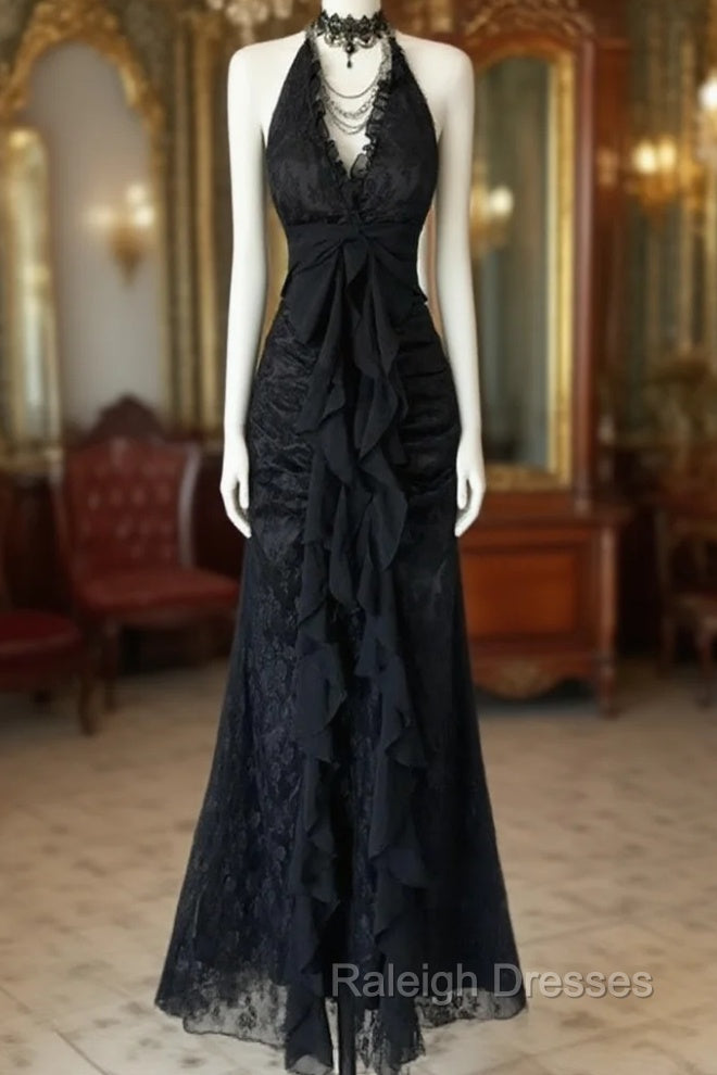 Black Lace V-Neckline A-Line Halter Prom Dress, Black Vintage Style Prom Dress