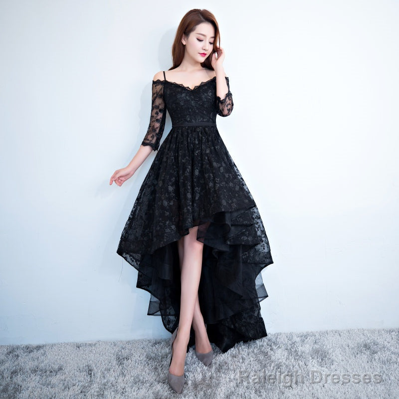 Black Lace V-Neckline Straps High Low Party Dress Homecoming Dress, Black Formal Dress Secondary image