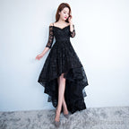 Black Lace V-Neckline Straps High Low Prom Dresses Homecoming Dresses Black Prom Dresses