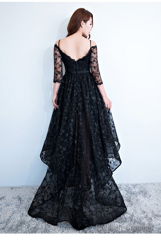 Black Lace V-Neckline Straps High Low Prom Dresses Homecoming Dresses Black Prom Dresses
