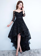 Black Lace V-Neckline Straps High Low Prom Dresses Homecoming Dresses Black Prom Dresses