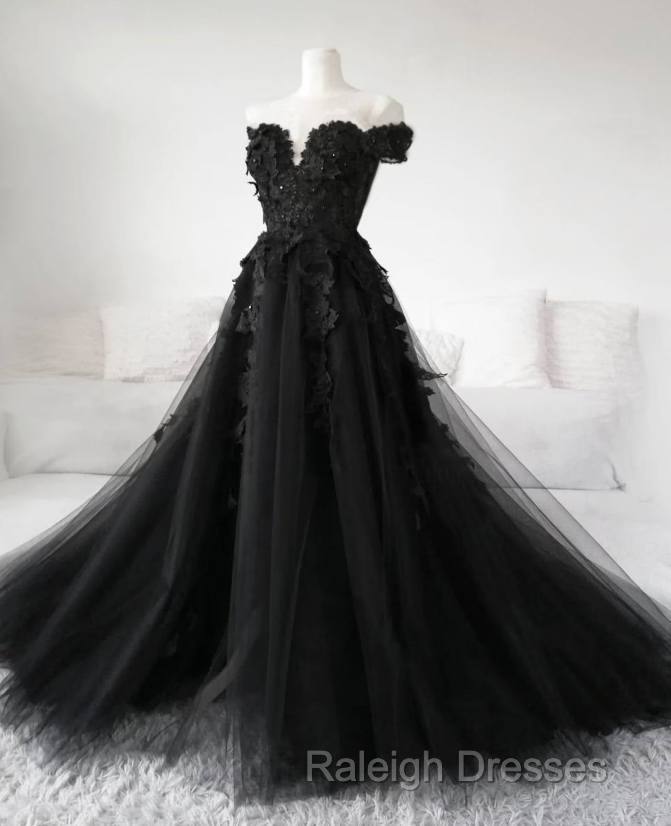 Black Lace Wedding Dresses  Off The Shoulder Pearls Tulle Formal Prom Dress Secondary image