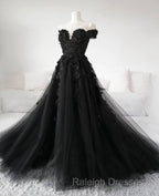 Black Lace Wedding Dresses  Off The Shoulder Pearls Tulle Formal Prom Dress