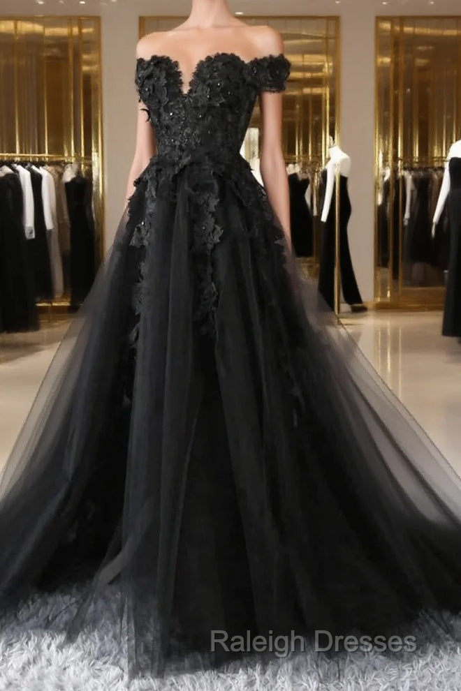 Black Lace Wedding Dress Off The Shoulder Pearls Tulle Prom Dresses Main image