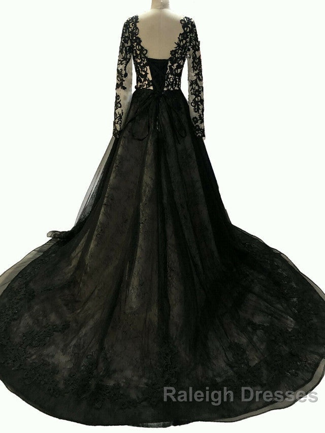 Black Long A Line V Neck Lace Tulle Wedding Dress with Sleeves Secondary image