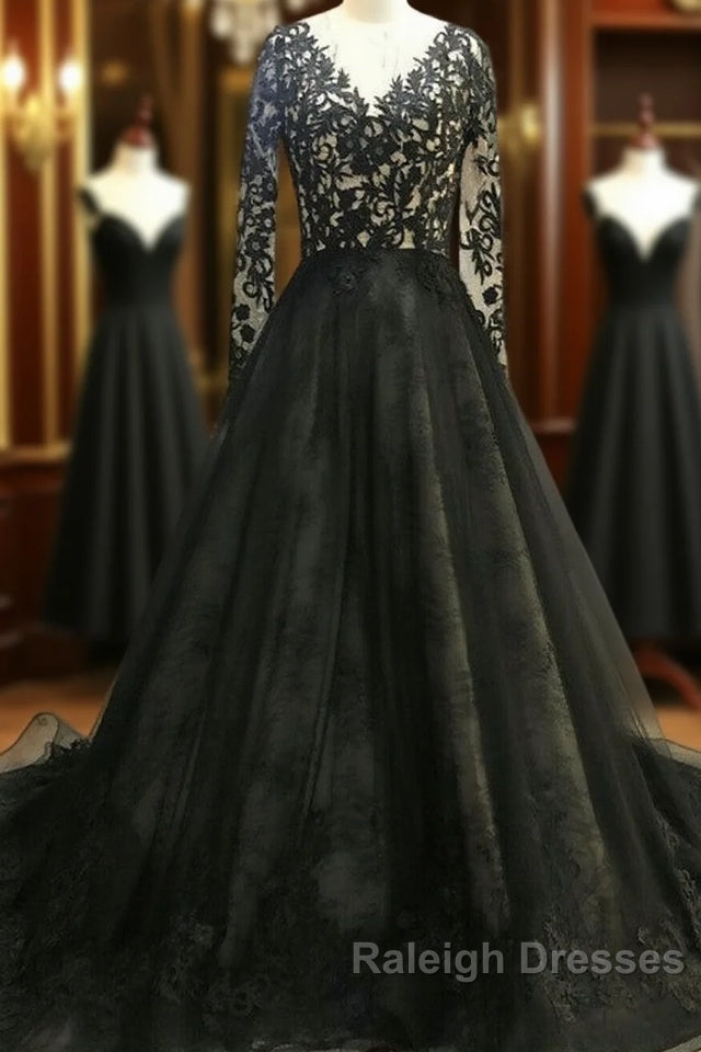 Black Long A Line V Neck Lace Tulle Wedding Dress with Sleeves