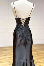 Black Long Appliques Prom Dress With Spaghetti Straps