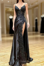 Black Long Appliques Prom Dress With Spaghetti Straps