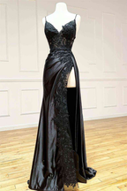 Black Long Appliques Prom Dresses With Spaghetti Straps