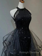 Black Long Mermaid Halter Sequined Tulle Prom Dress