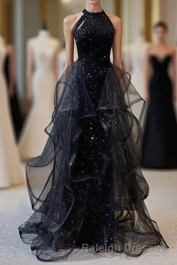 Black Long Mermaid Halter Sequined Tulle Prom Dress Main image