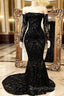 Black Long Mermaid Off the shoulder Prom Dresses with Sleeves