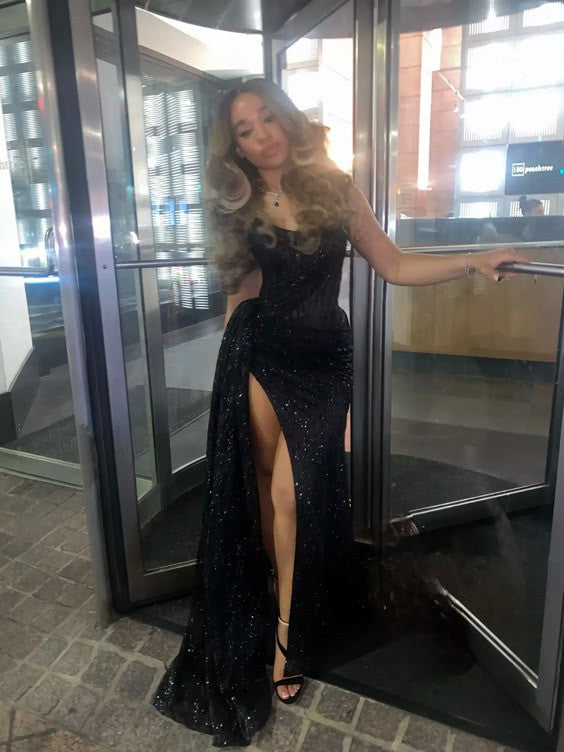 Black Prom Dresses Long With Slit Strapless Prom Dresses