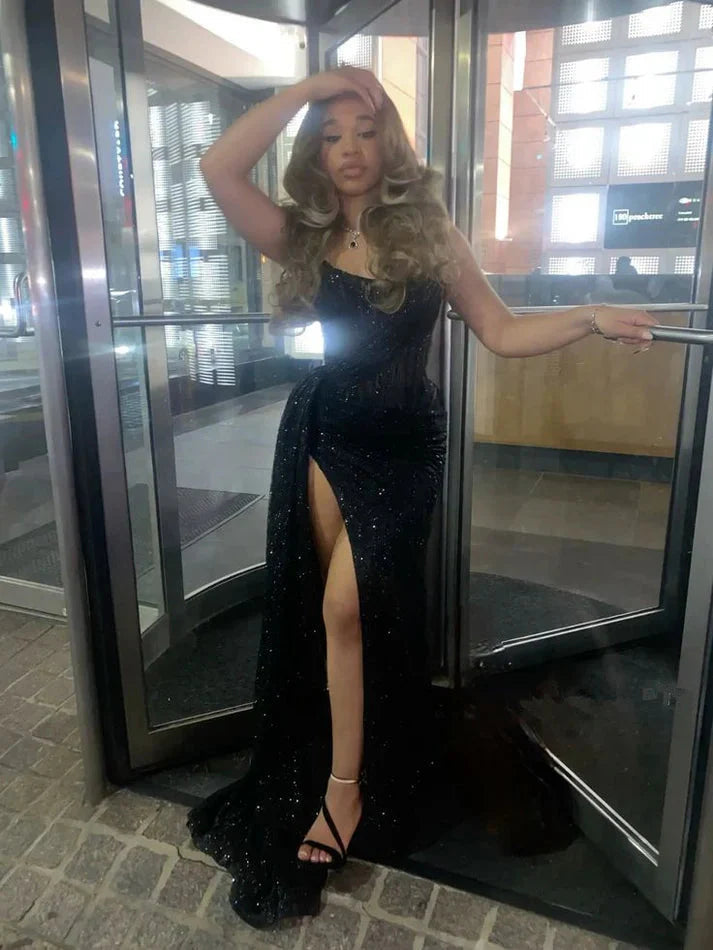 Black Prom Dresses Long With Slit Strapless Prom Dresses