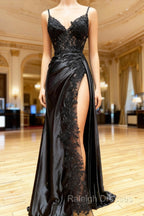 Black Long Satin with Lace Straps Long Party Dress, Black Evening Dress