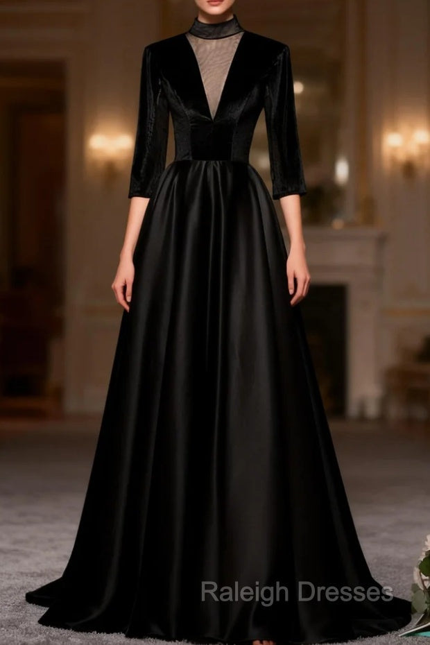 Black Long Sleeve Satin High Neck Prom Dress Main image