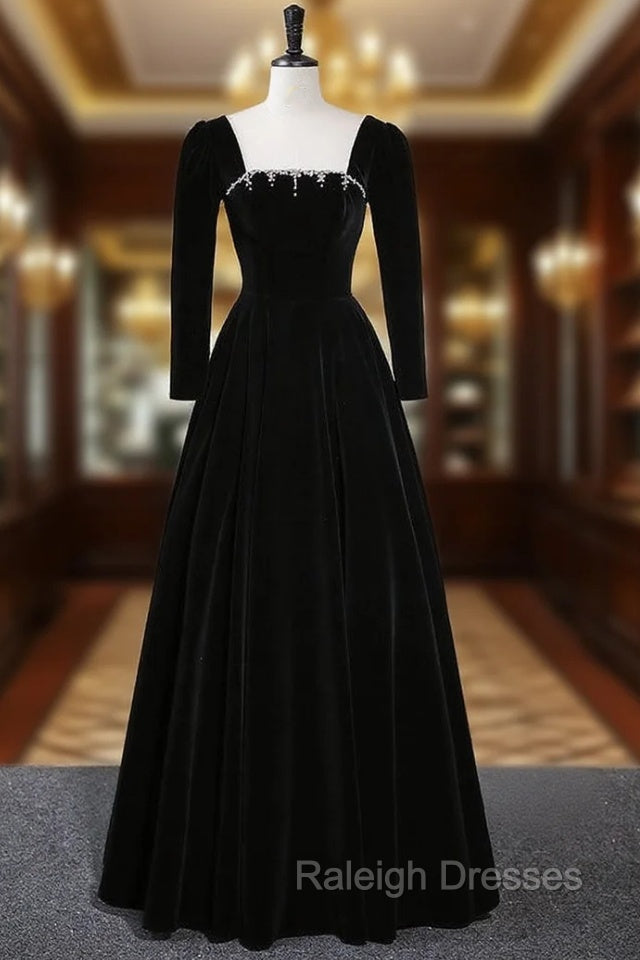Black Long Sleeve Velvet Crystal Prom Dress Main image