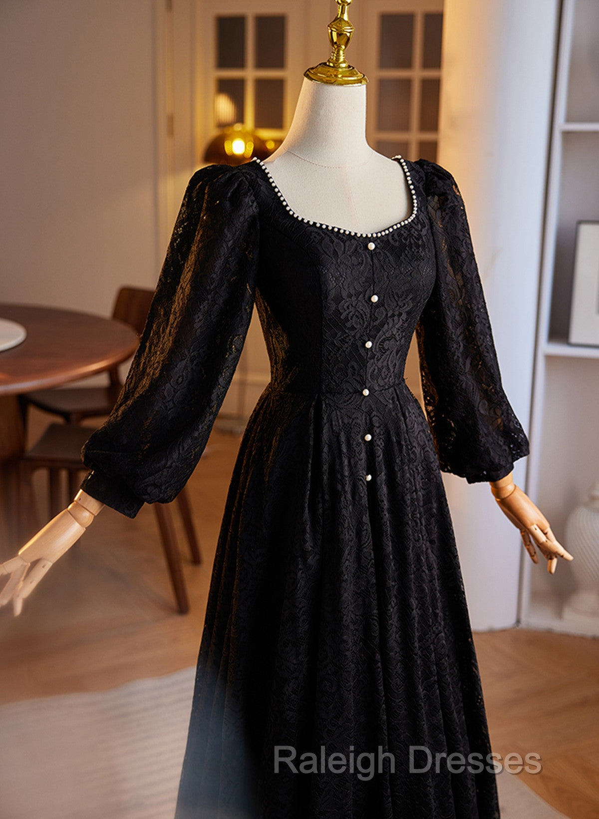 Black Long Sleeves Lace A-Line Party Dress, Black Lace Wedding Party Dress Secondary image