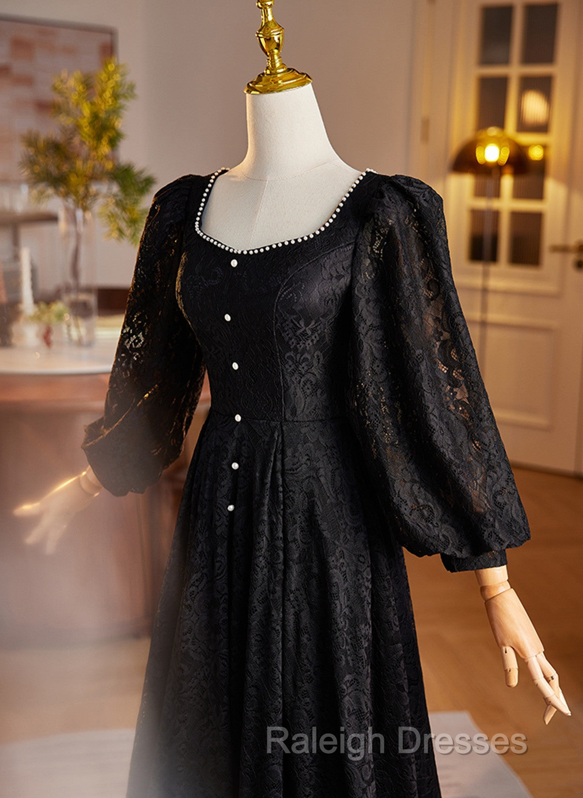 Black Long Sleeves Lace A-Line Party Dress, Black Lace Wedding Party Dress