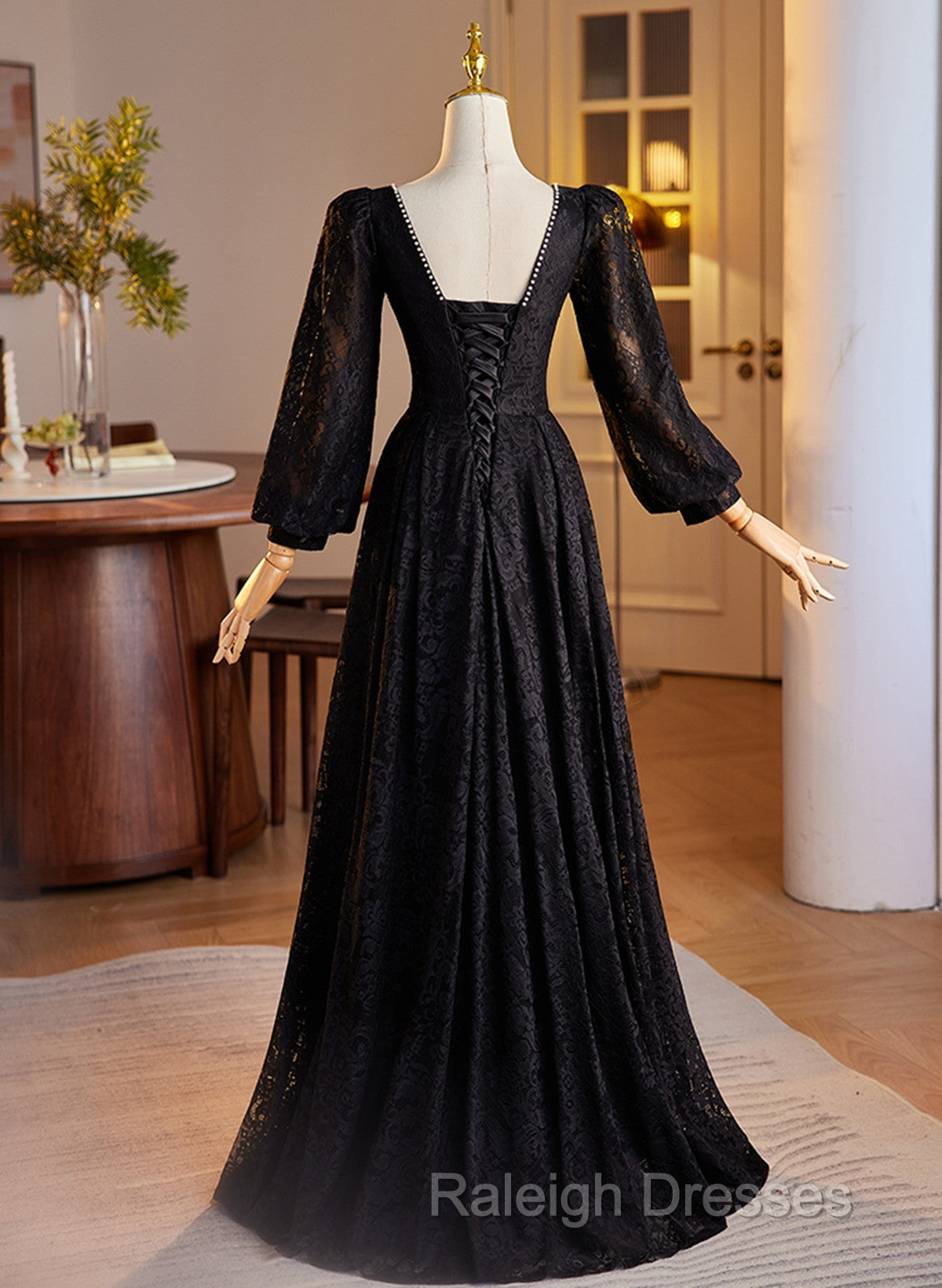 Black Long Sleeves Lace A Line Prom Dresses Black Lace Wedding Prom Dresses