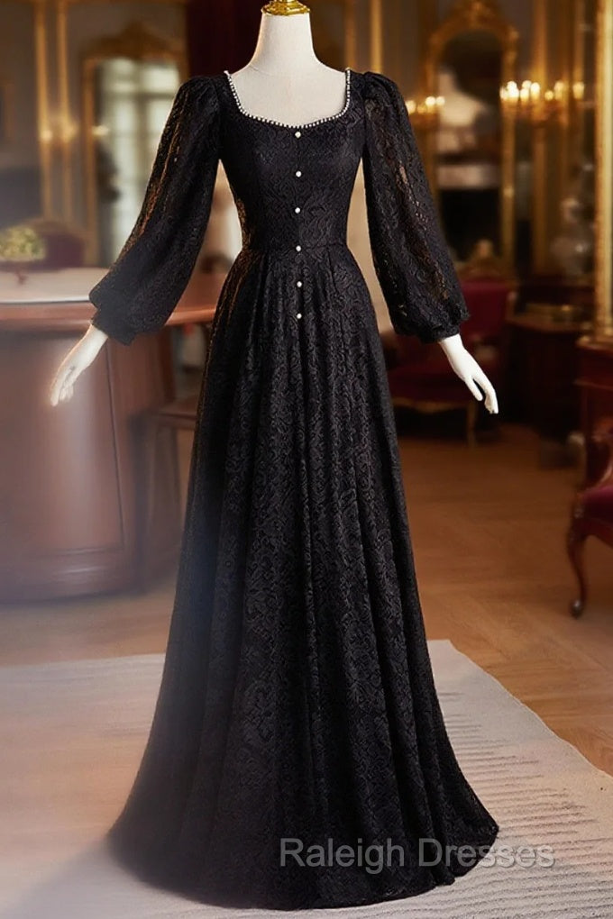 Black Long Sleeves Lace A-Line Party Dress, Black Lace Wedding Party Dress Main image